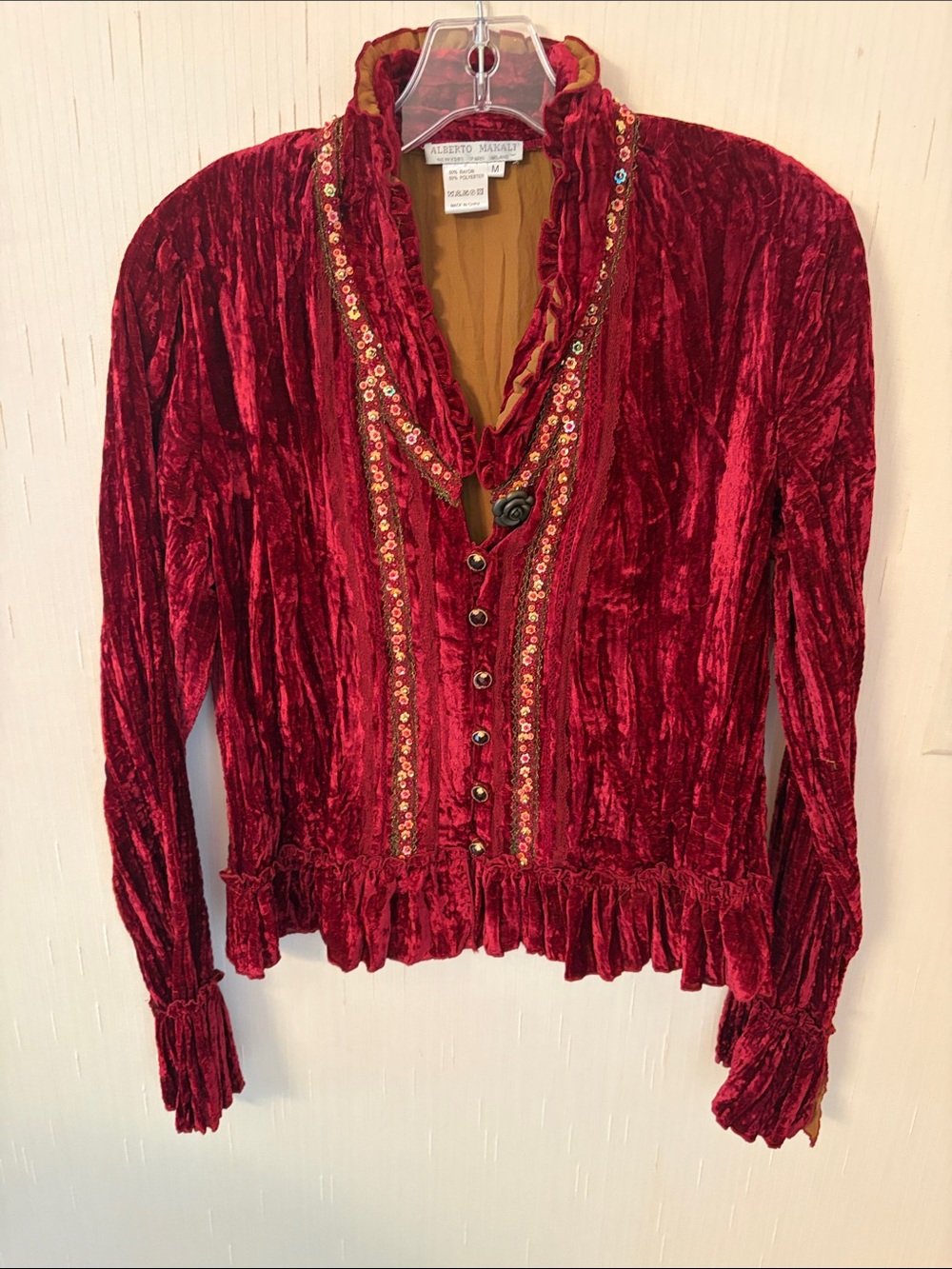Alberto Makali Red Crushed Velvet Ruffled Blouse with Sequin Trim